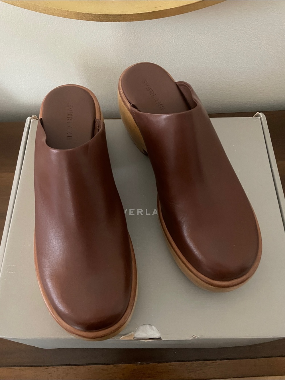 Everlane Brown Leather Clog Mules with Wood Platform (Puffa Clog) - Picture 3 of 8